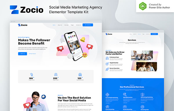 zocio social media marketing agency elementor template kit card image